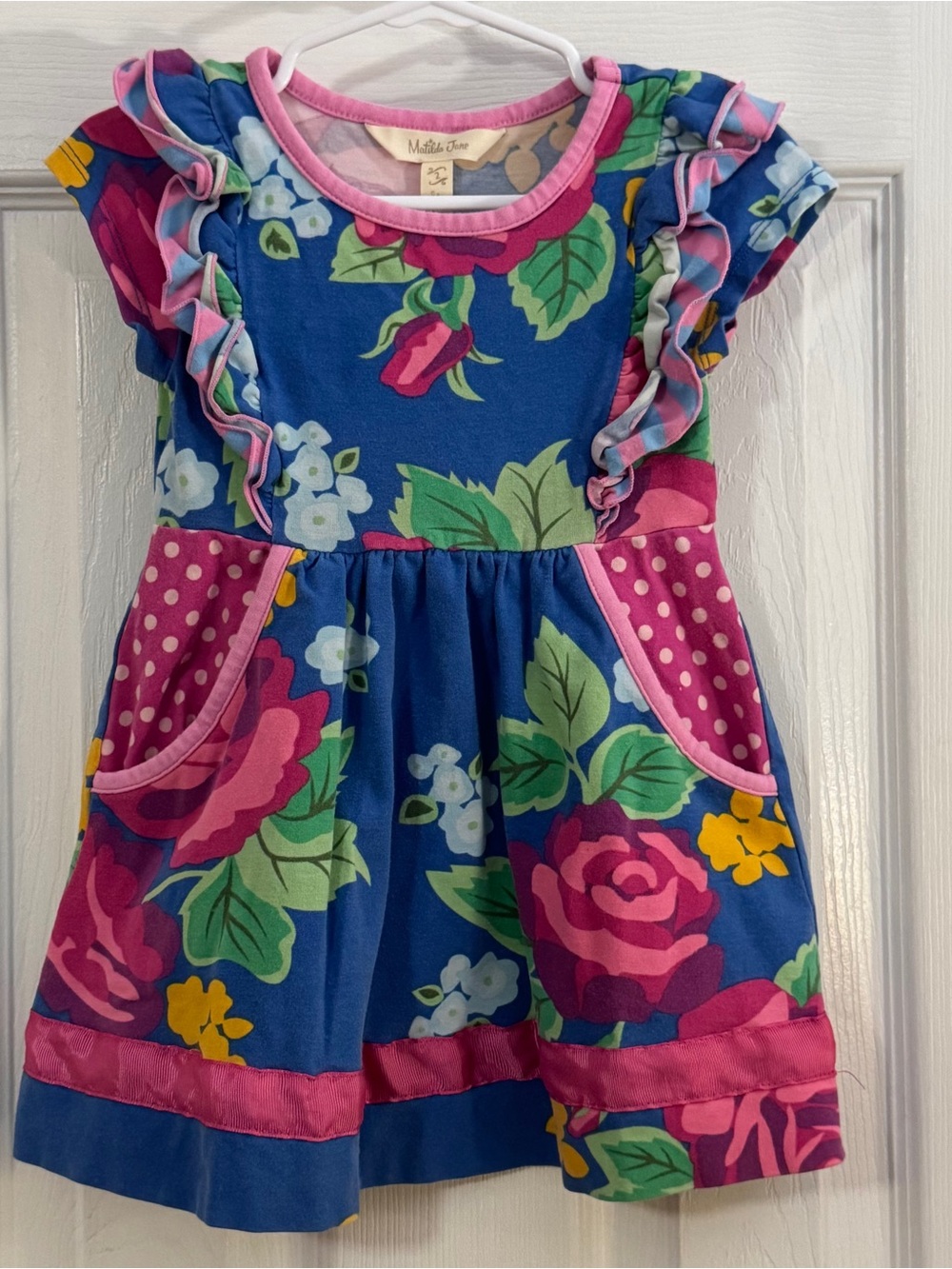 Matilda Jane Baby Girl Bright Blue Floral Ruffle Dress with Pink Accents